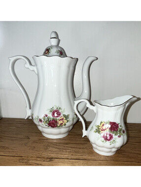 Crystal Clear Floral Porcelain Coffee Pot w/ Lid & Matching Creamer Set 2pc
